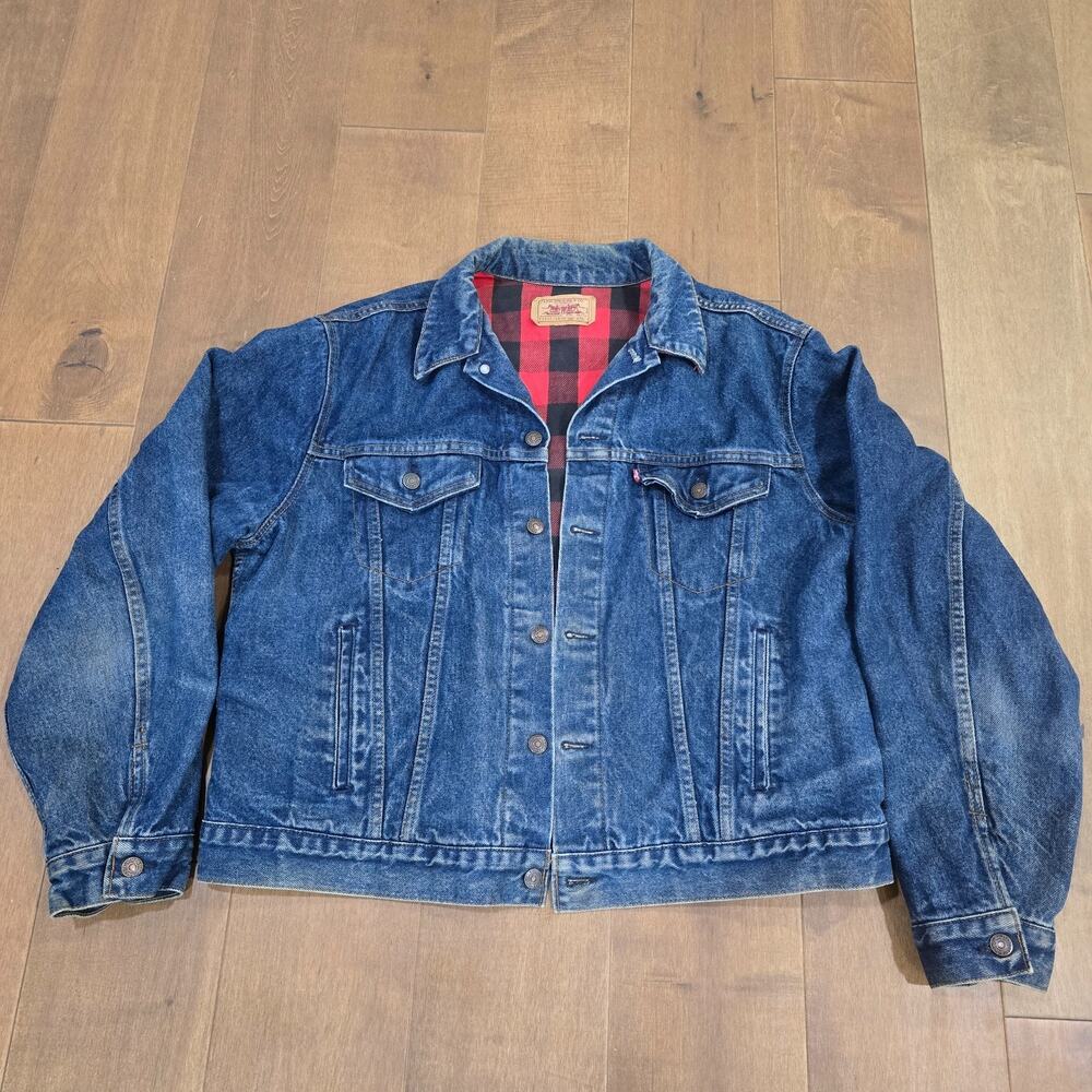 Vintage 80s Levis 71411 0816 Denim Trucker Jacket Plaid Lined USA 48L